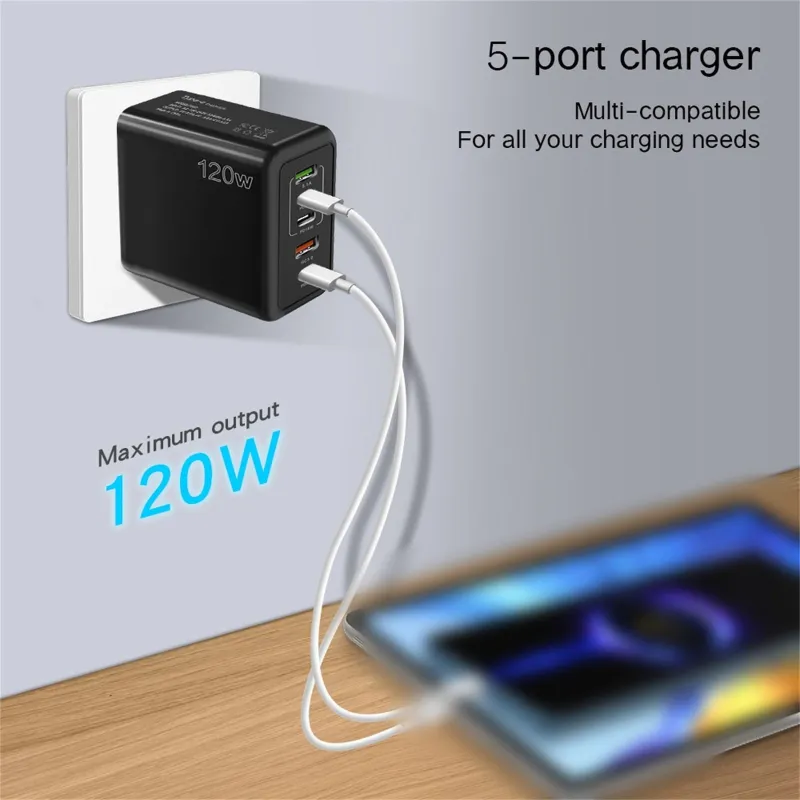 Eudgs 120W Fast Charger With 5 Ports 3PD+2USB Multiport Charger Block