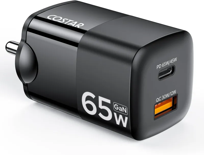 Costar 65W GaN Dual Port Fast Charger QC/PD, 2 in 1 USB & Type C Fast